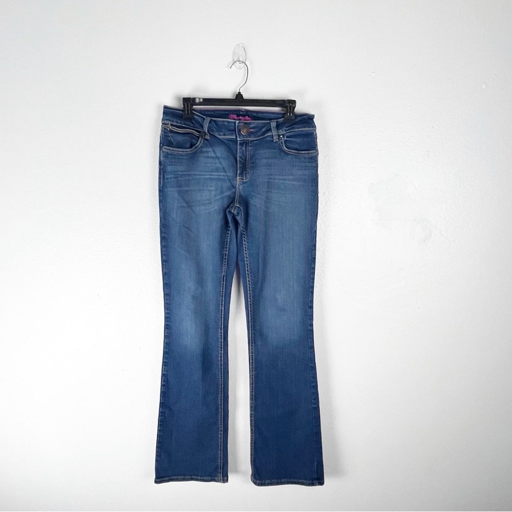 WRANGLER Blue Denim Five Pockets Distressed Bootcut Jeans 10 Rodeo Cowgirl